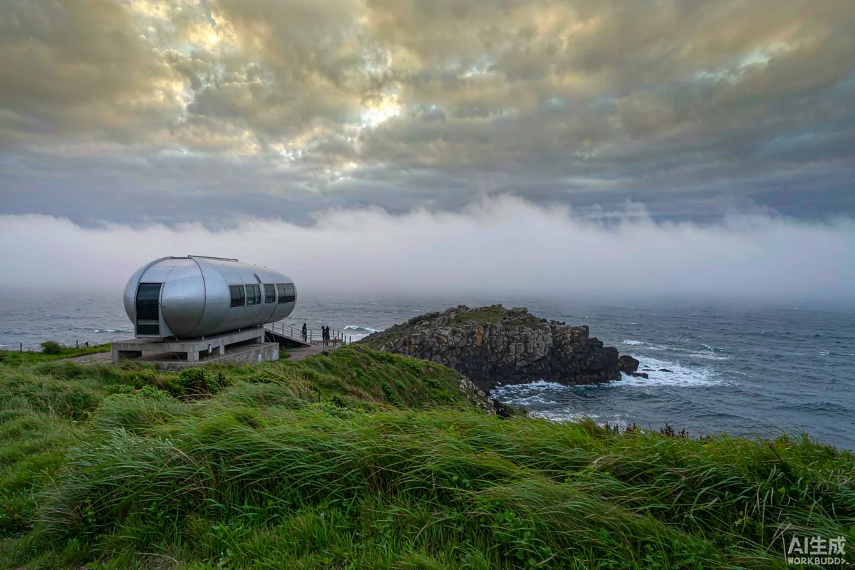 Capsule home anchored on an exposed coastal headland with wind bending the grass
