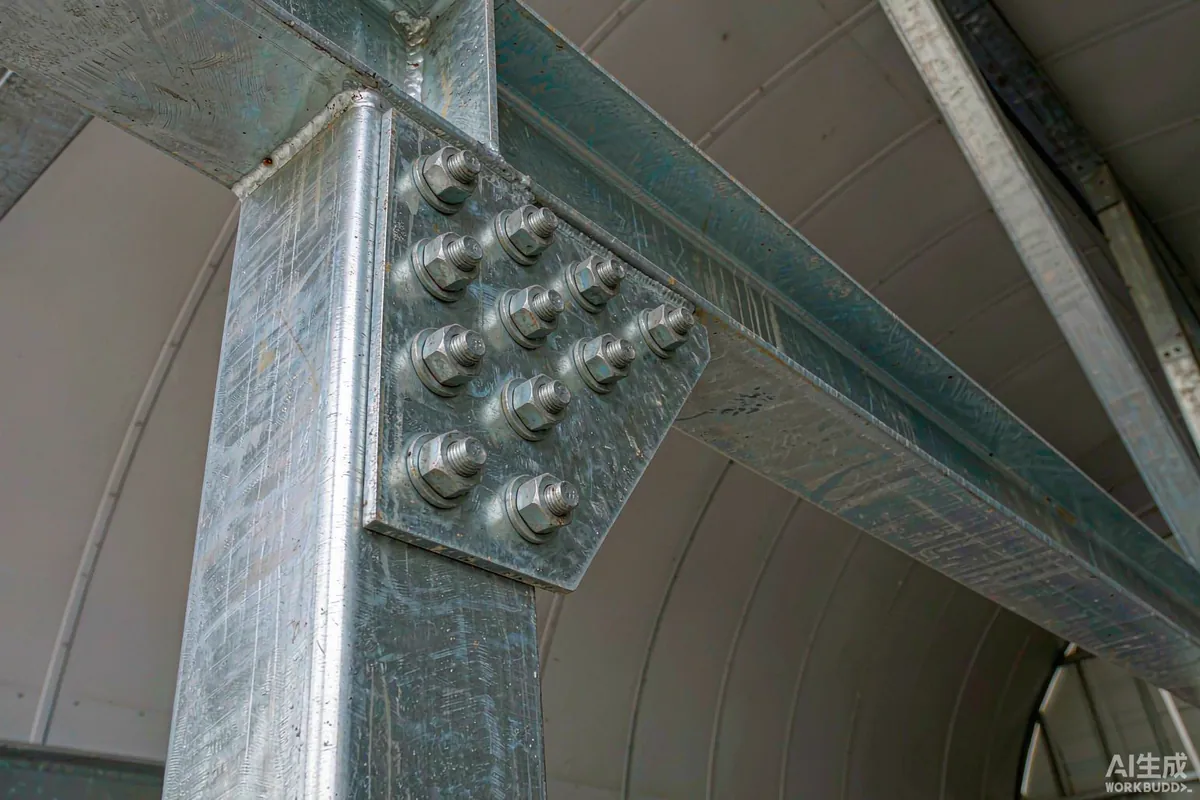 Close-up of a bolted steel column to roof beam connection inside a prefab capsule structure