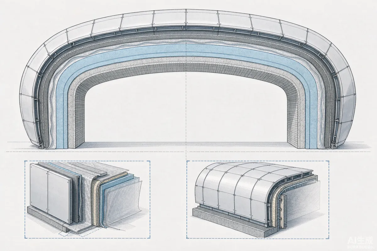 Technical section drawing showing the wall build up layers of a prefab capsule home