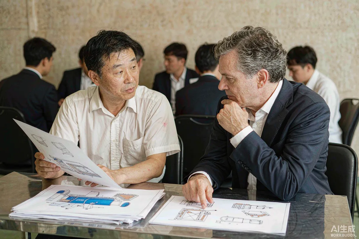 A buyer and an engineer reviewing a drawing package on a factory office table