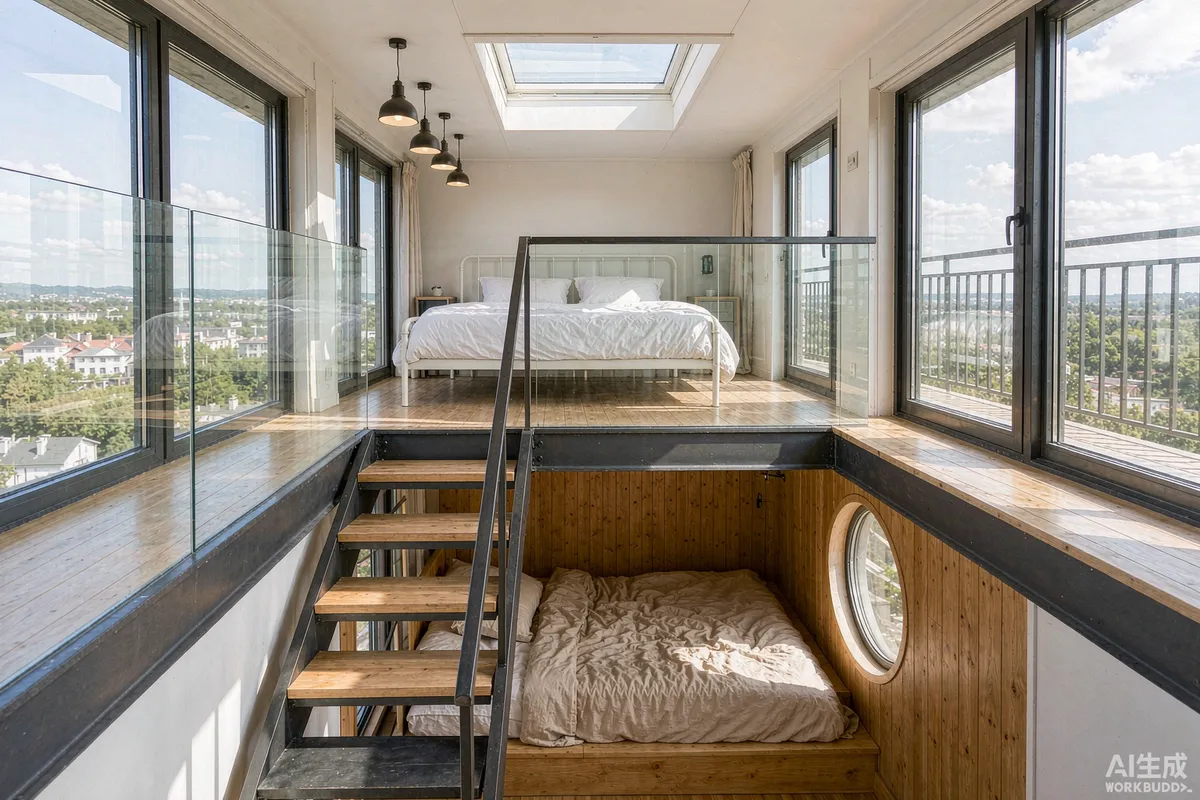 Interior of a two-level prefab capsule home with a compact steel and timber staircase and glass guardrail