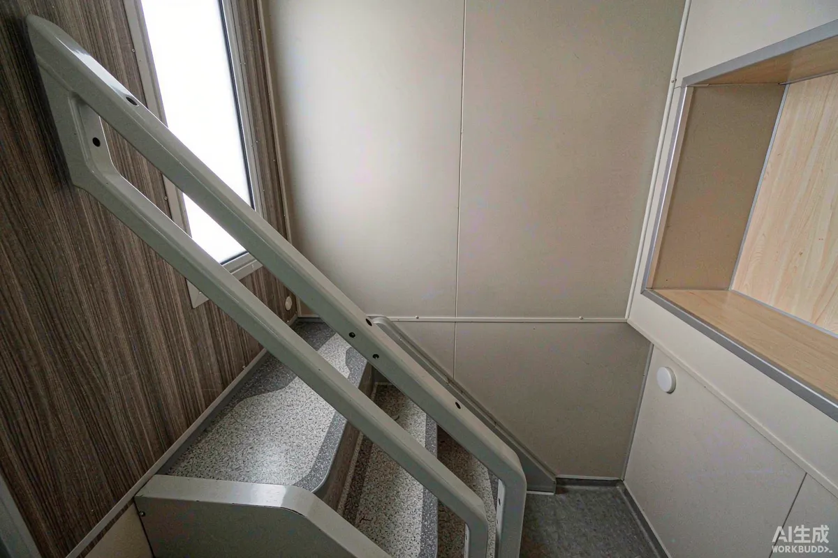 Close-up of a handrail and non-slip step edge on a compact prefab staircase