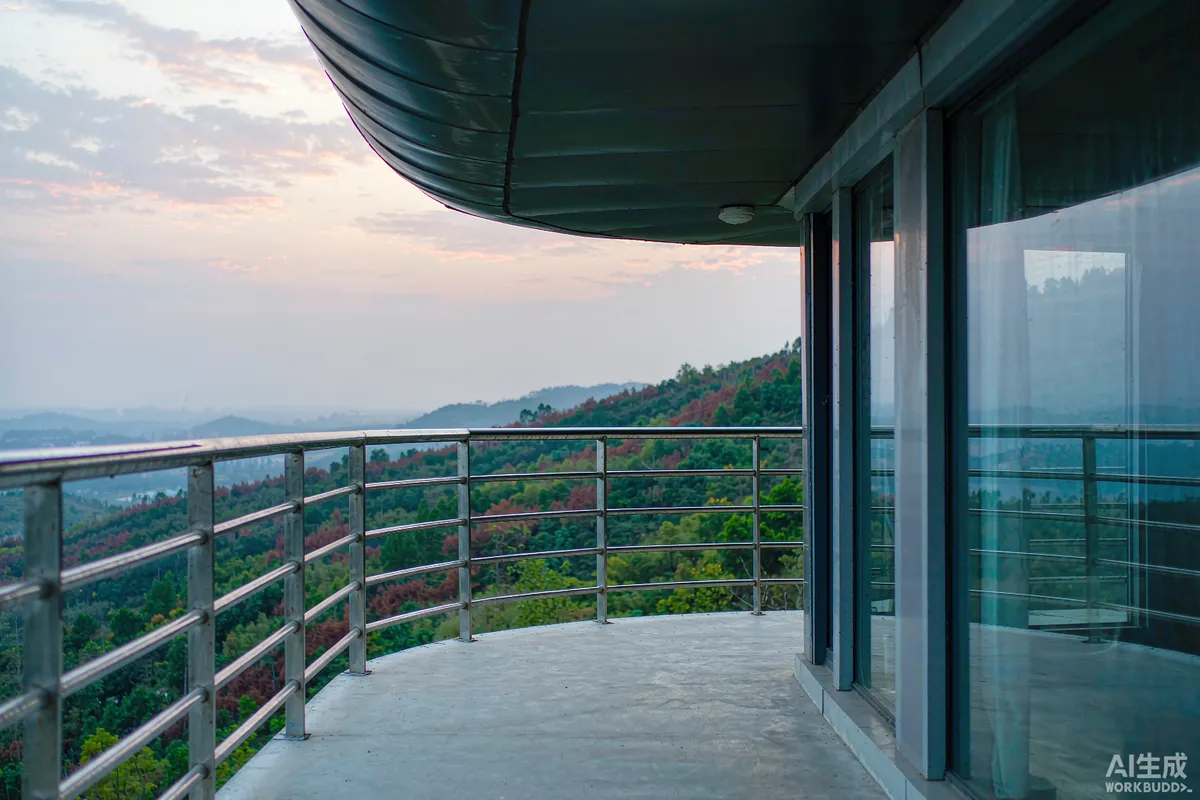 Upper deck landing of a double-deck capsule home with a metal guardrail at dusk