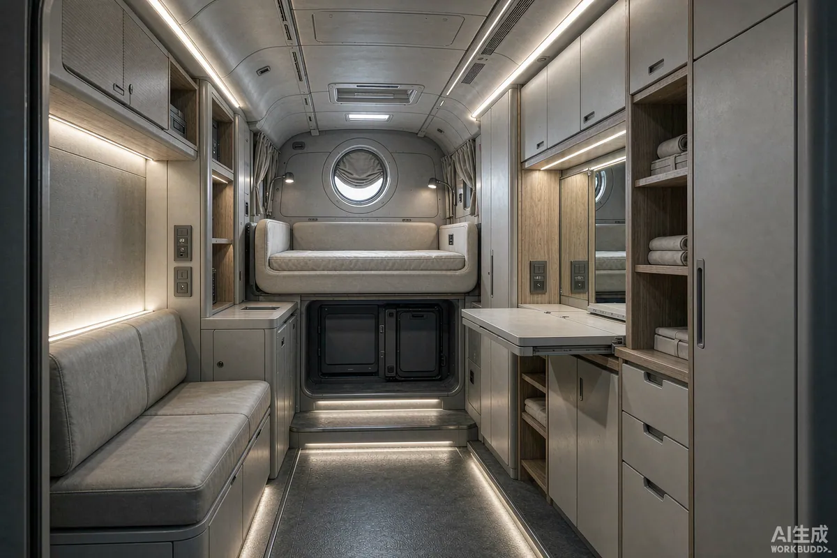 Interior of a compact space capsule home with built-in storage cabinetry and a raised sleeping platform