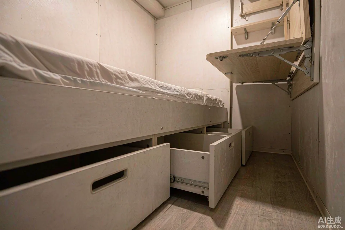 Under-bed drawers and a wall-mounted fold-down desk inside a small capsule home