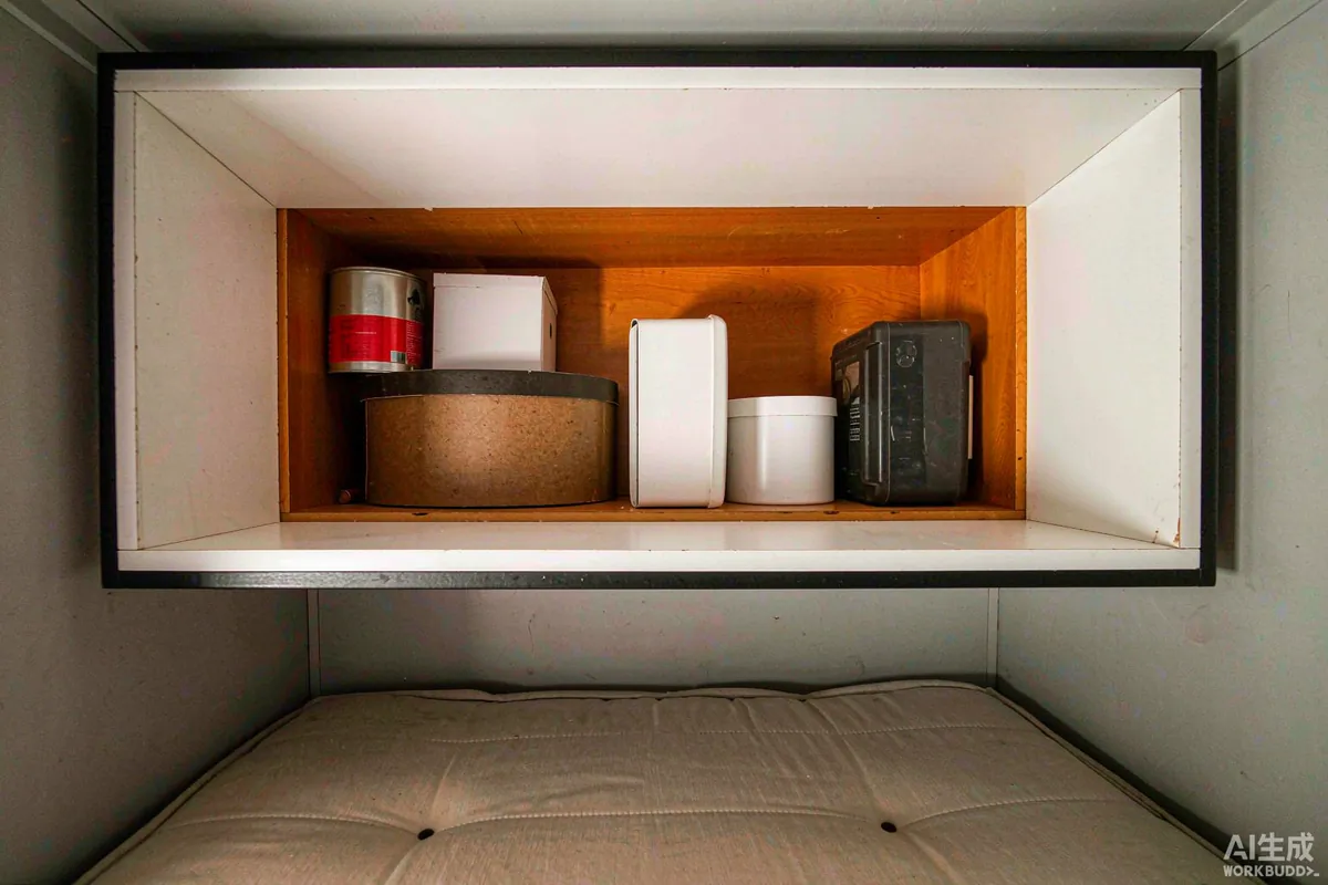 Overhead storage area above a sleeping platform with neatly arranged boxes