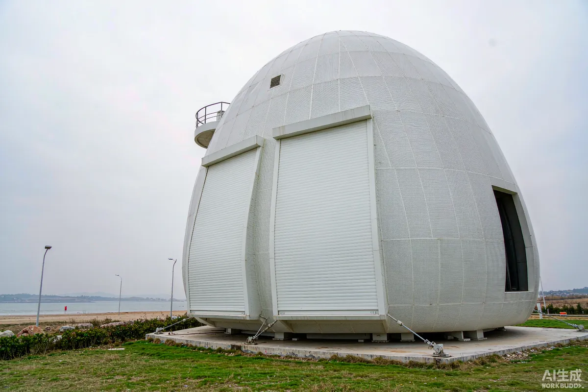 Prefab space capsule home on a coastal site with storm shutters closed over panoramic glazing