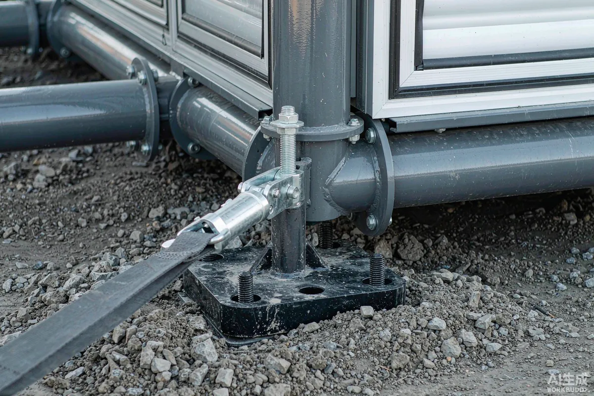 Heavy-duty ground anchor and tensioning strap fixed to the steel base frame of a prefab capsule home
