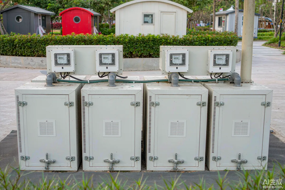 Row of weatherproof utility cabinets with individual water and electricity sub-meters serving prefab capsule homes