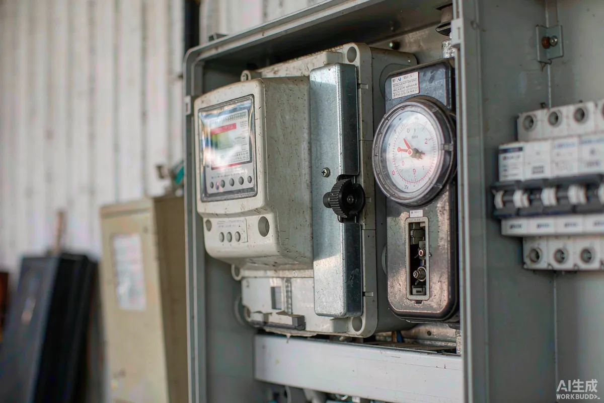 Digital electricity sub-meter and water meter inside a weatherproof enclosure with labelled breakers