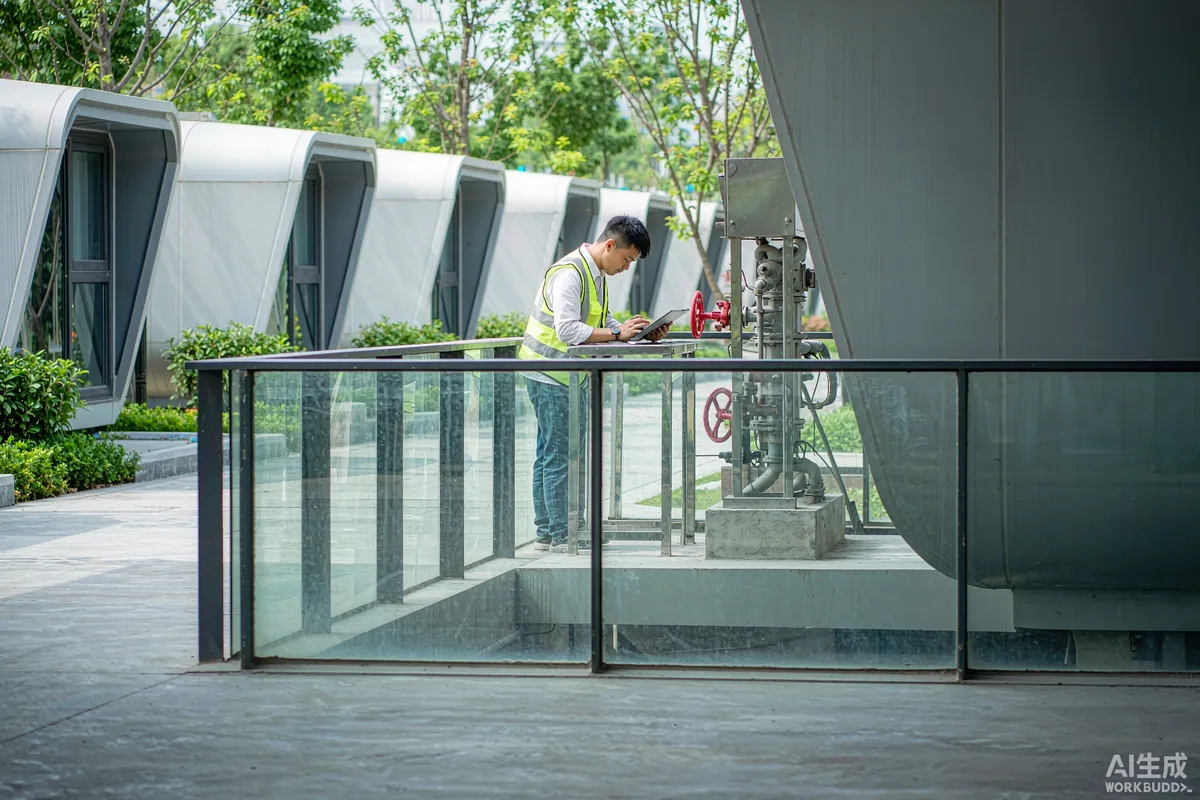 Technician reading a sub-meter and recording data on a tablet at a capsule home park