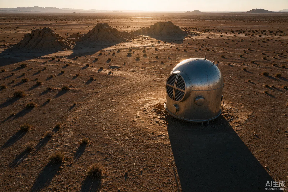 Space capsule home in a hot desert landscape with exterior shading louvres under strong afternoon sun