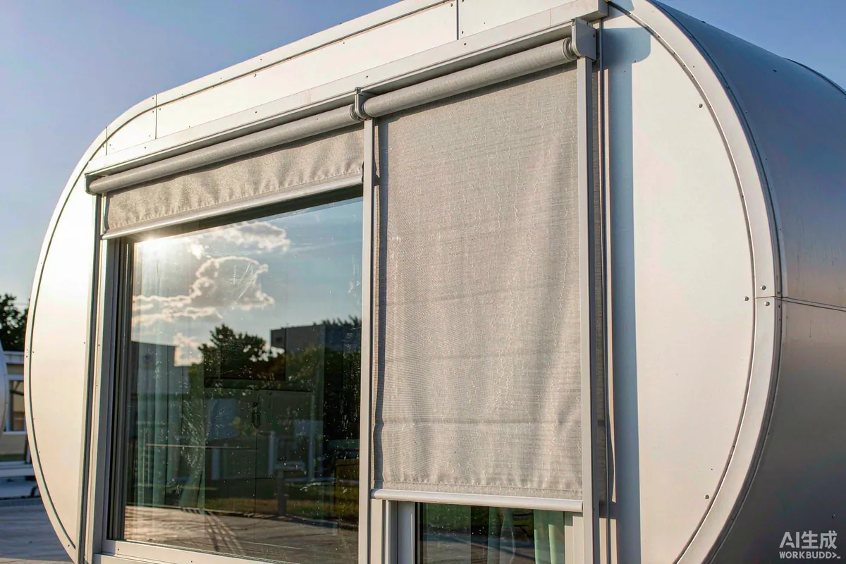 Reflective glazing and external roller shade blinds on a capsule home facade in bright sunlight