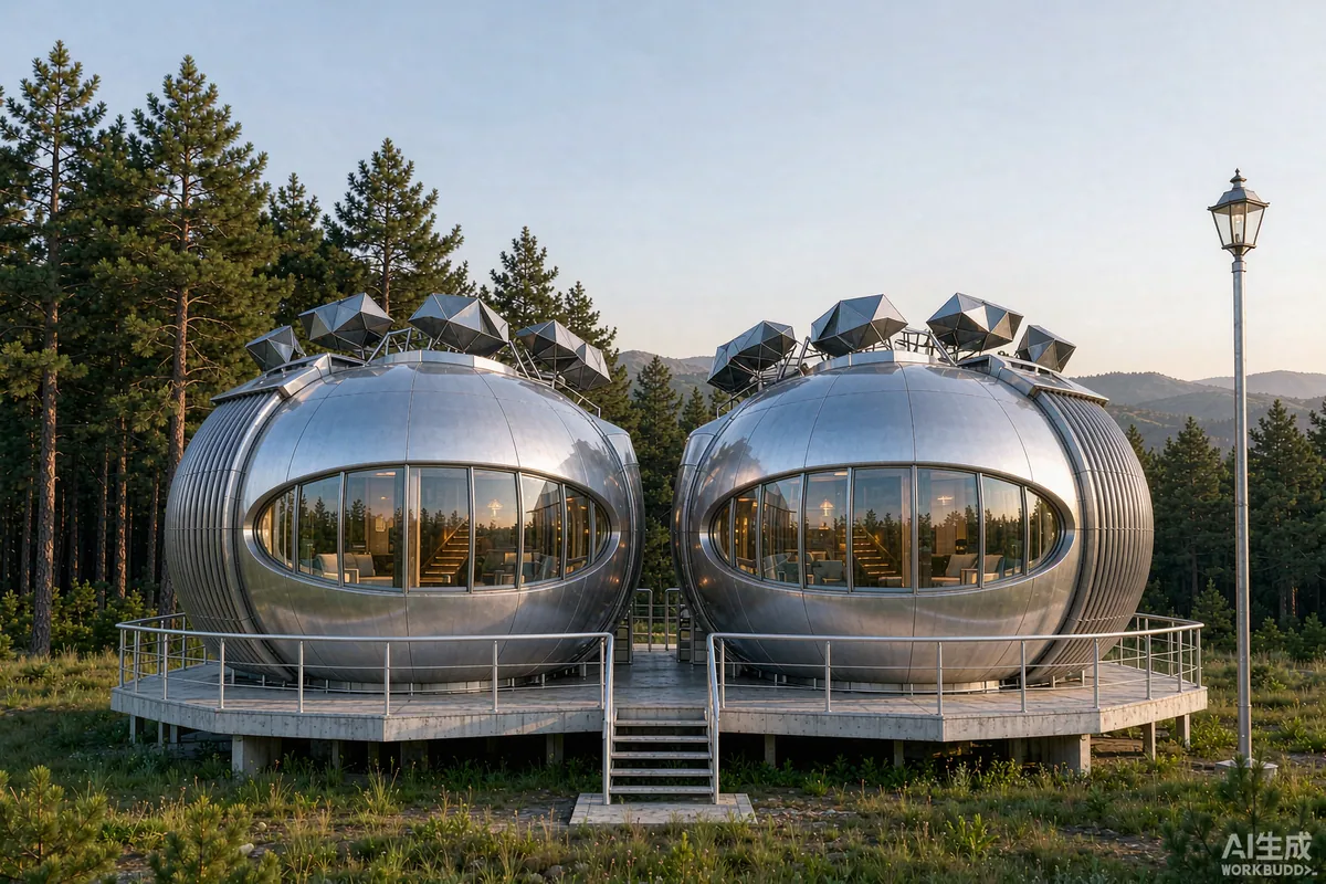 Two space capsule homes placed side by side on a shared deck among pine trees