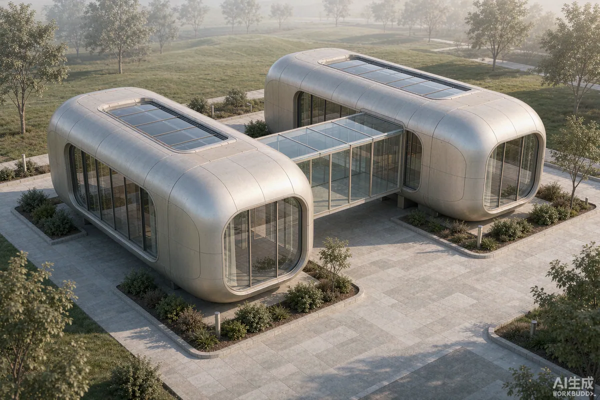 Two prefab capsule units connected by a glazed link corridor in an L-shaped layout