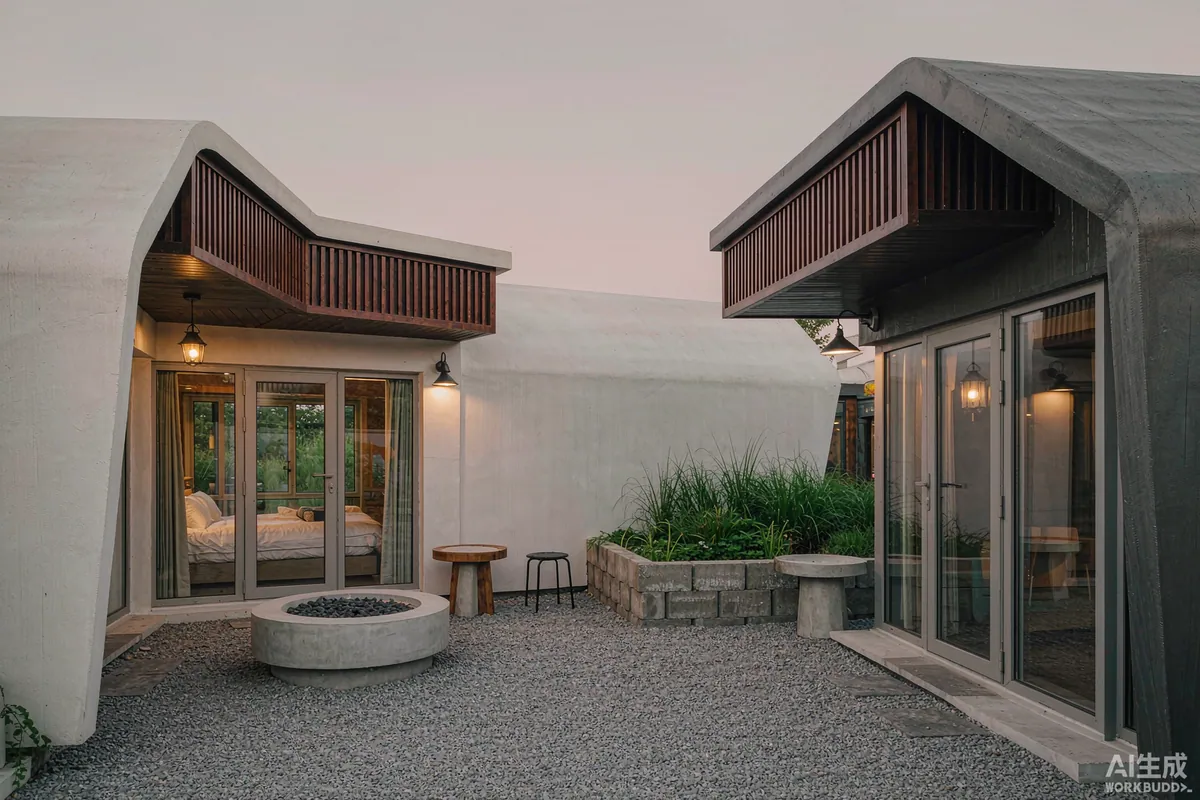 Two capsule cabins facing each other across a gravel courtyard with a fire pit at dusk