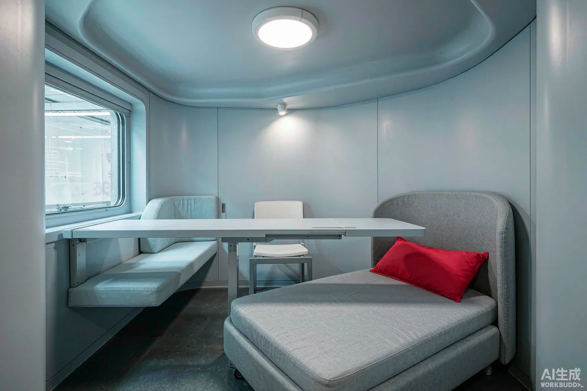 Interior of a compact single level space capsule unit with a small double bed and fold down table