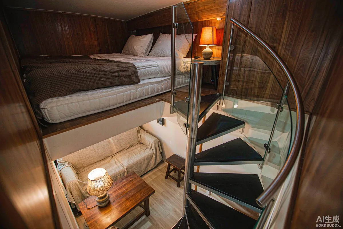 Interior of a double deck space capsule home with a staircase and upper sleeping level