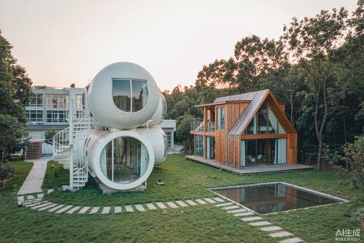 A modern space capsule home and a timber A-frame cabin on neighbouring forest plots in soft morning light
