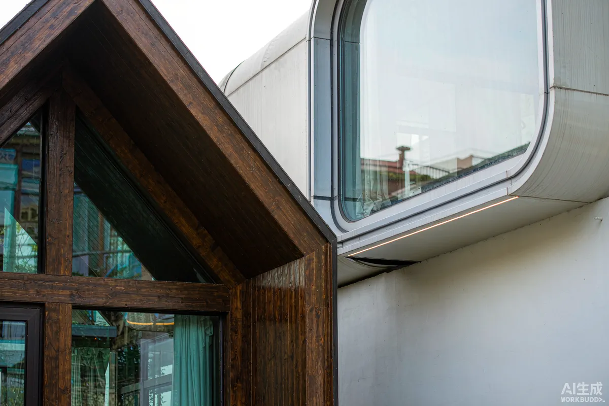 Close-up comparison of a timber A-frame gable glazing junction and a capsule home panoramic window frame