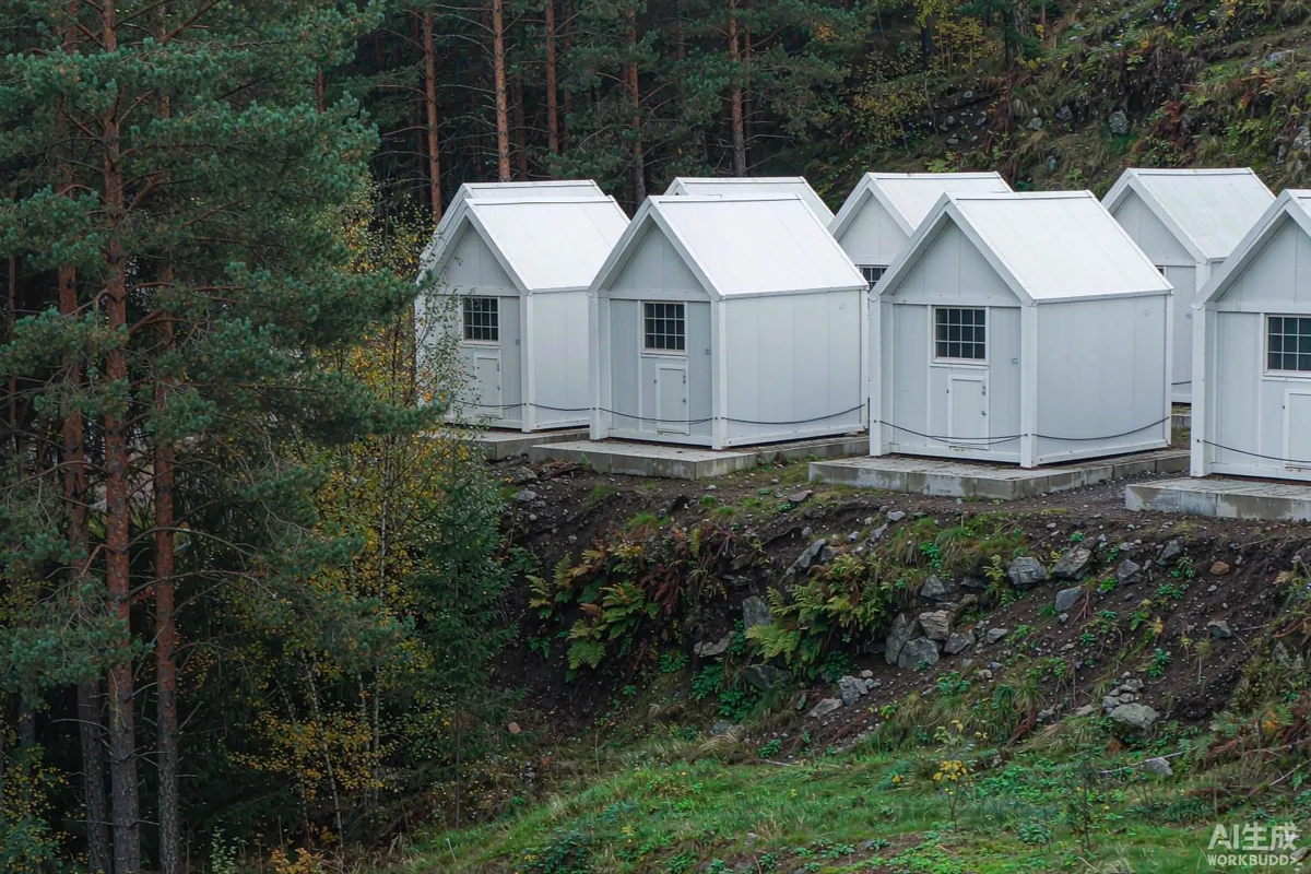 Small row of identical capsule homes on prepared foundation pads along a wooded slope