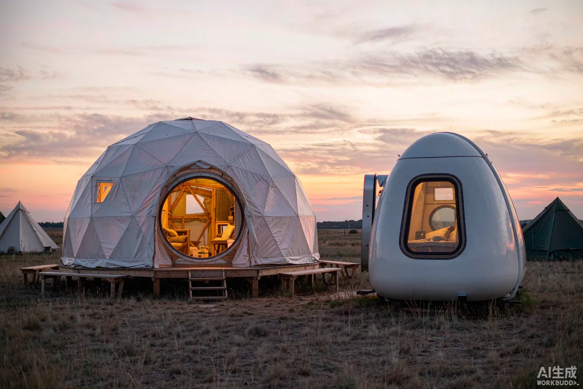 Geodesic dome tent and a prefab space capsule home side by side on a grassy glamping field at dusk
