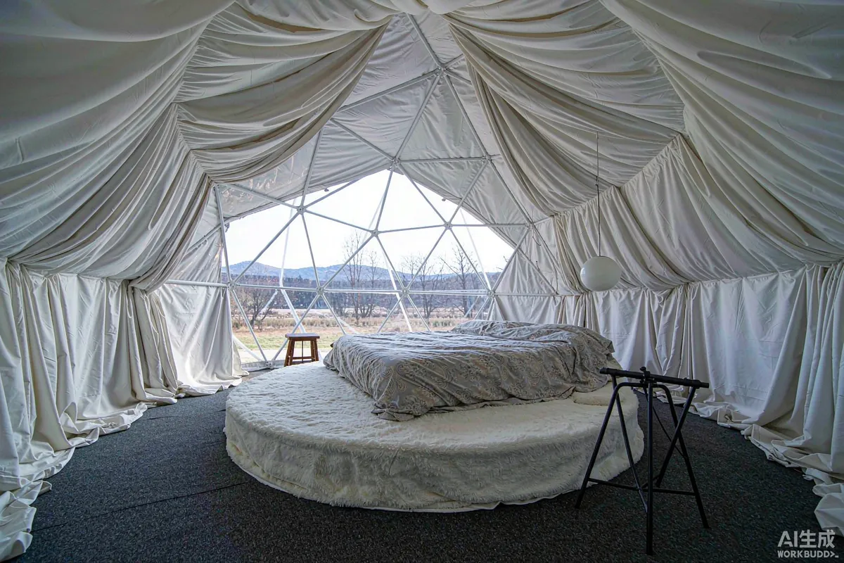 Interior of a geodesic dome glamping tent with a round bed and fabric lining