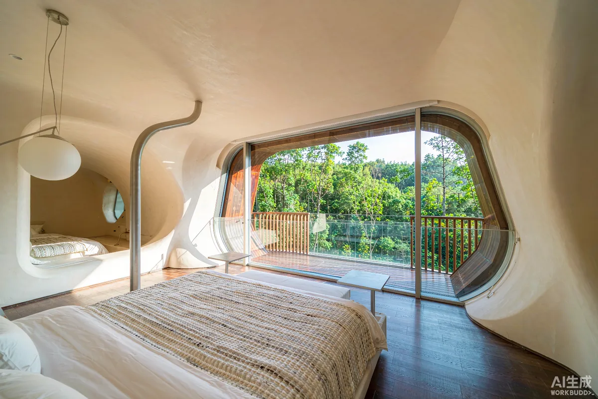 Capsule home interior with panoramic glass and a bed facing a forest view
