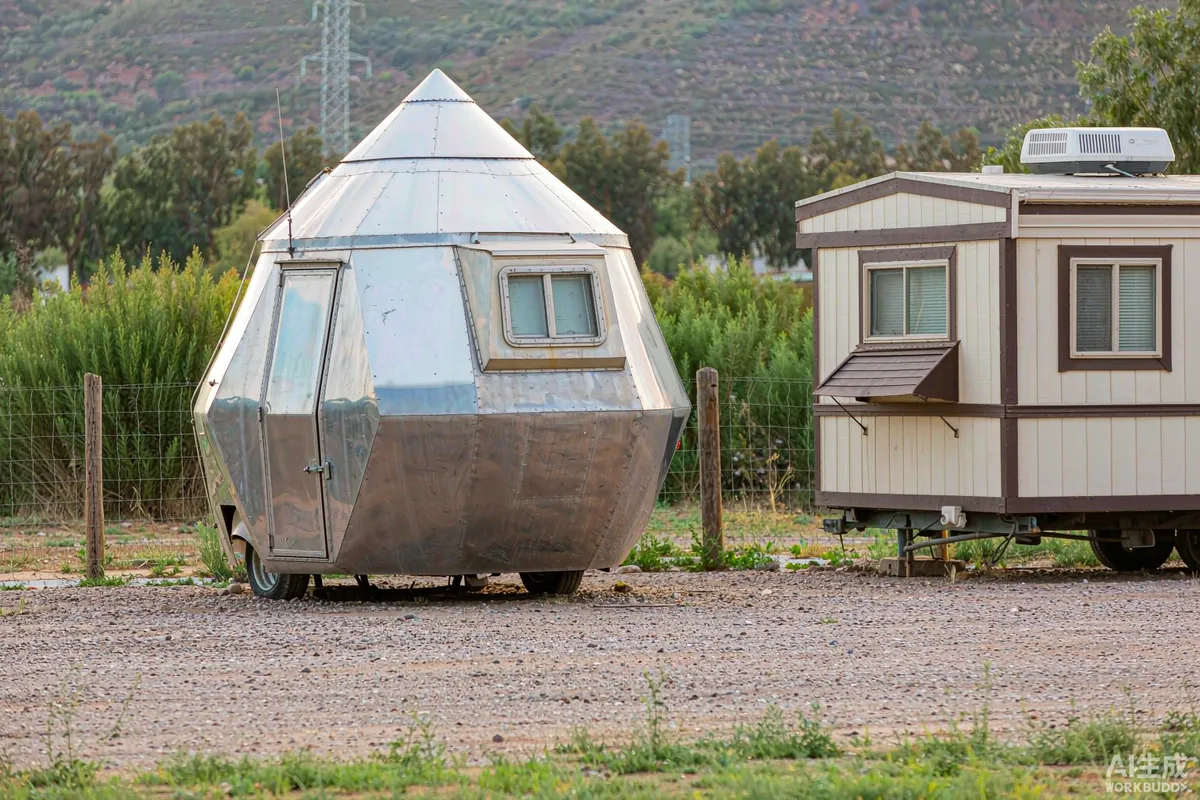 Space capsule home and a park model recreational vehicle parked side by side on a gravel site in daylight
