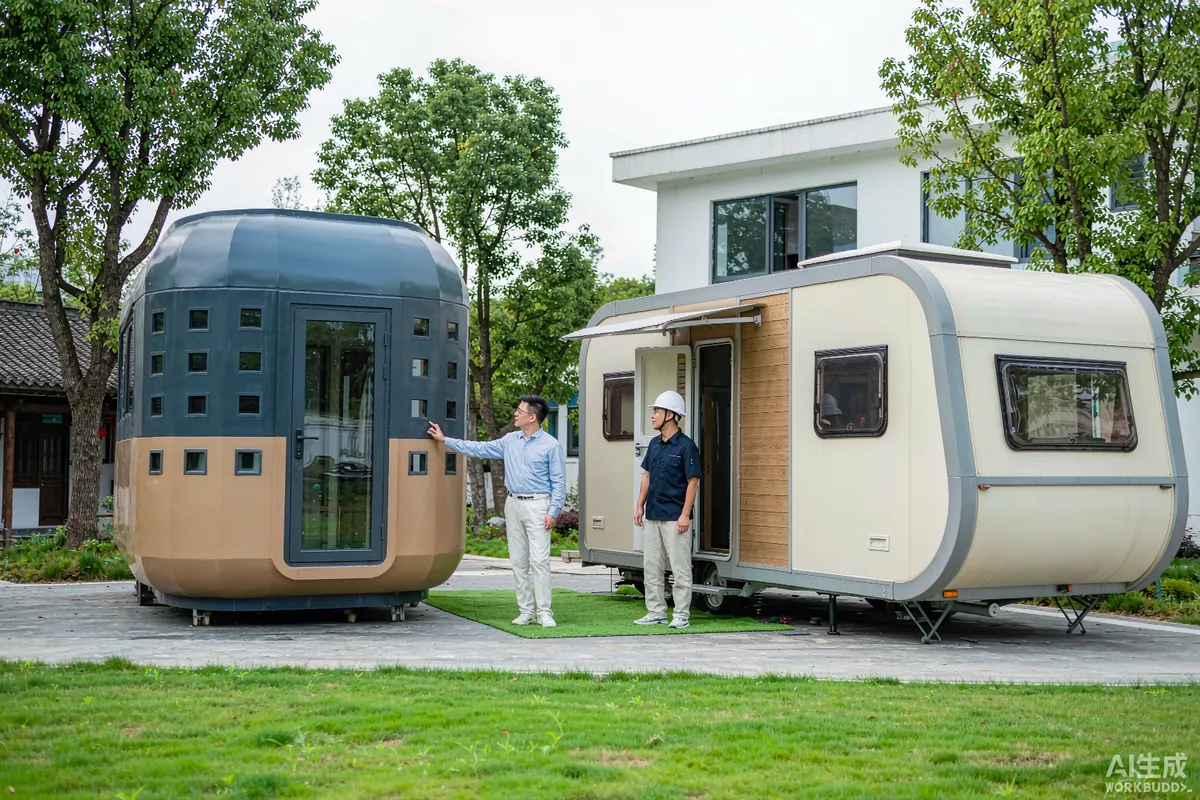 Buyer walking between a capsule home and a park model recreational vehicle with a contractor on a resort site