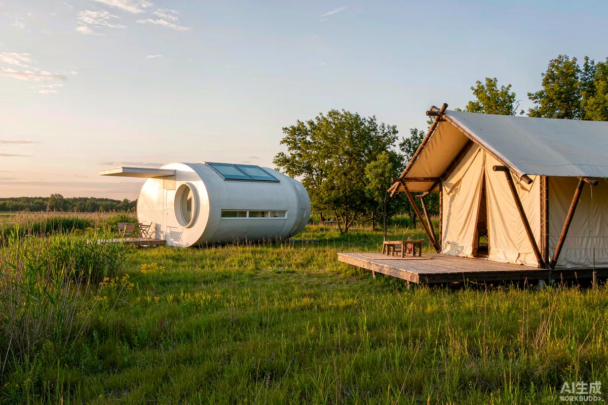 A space capsule home and a canvas safari tent standing on the same grassy glamping site in late afternoon light