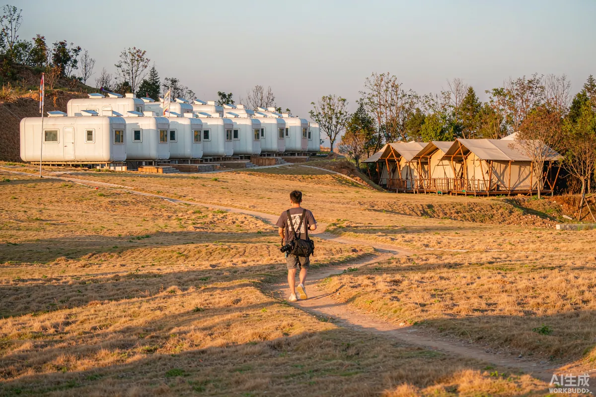 Resort operator walking a mixed glamping site with capsule homes on a rise and safari tents in a treed hollow