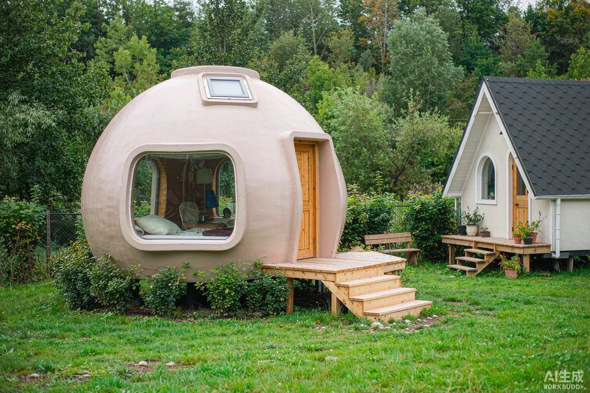 Space capsule home and a tiny house on wheels parked side by side on a grassy plot