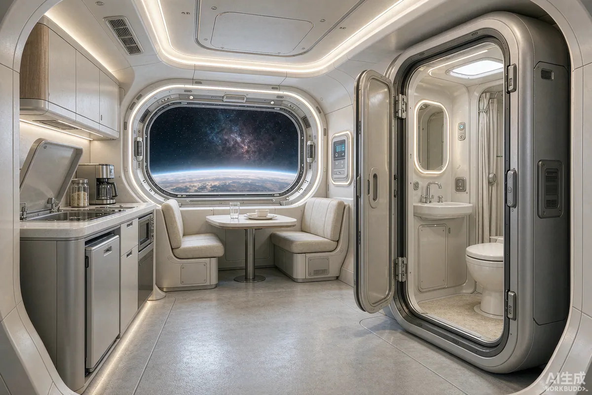 Interior of a space capsule home with a fitted bathroom pod and panoramic glazing