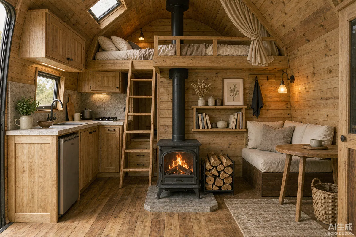 Interior of a compact tiny house on wheels with timber walls, loft bed and wood stove