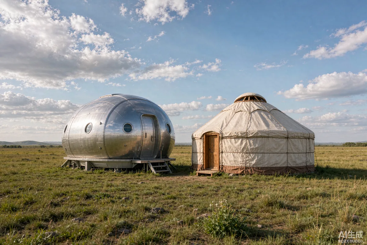 Curved metallic space capsule home and a round canvas yurt standing side by side in a grass meadow