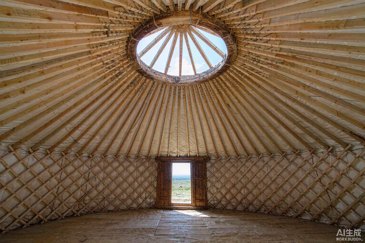 Interior of a round yurt showing sloped wooden roof rafters and a central roof ring with daylight through the doorway