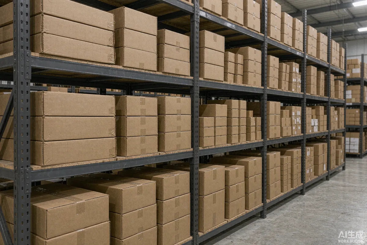 Warehouse shelving with spare parts cartons for prefab homes