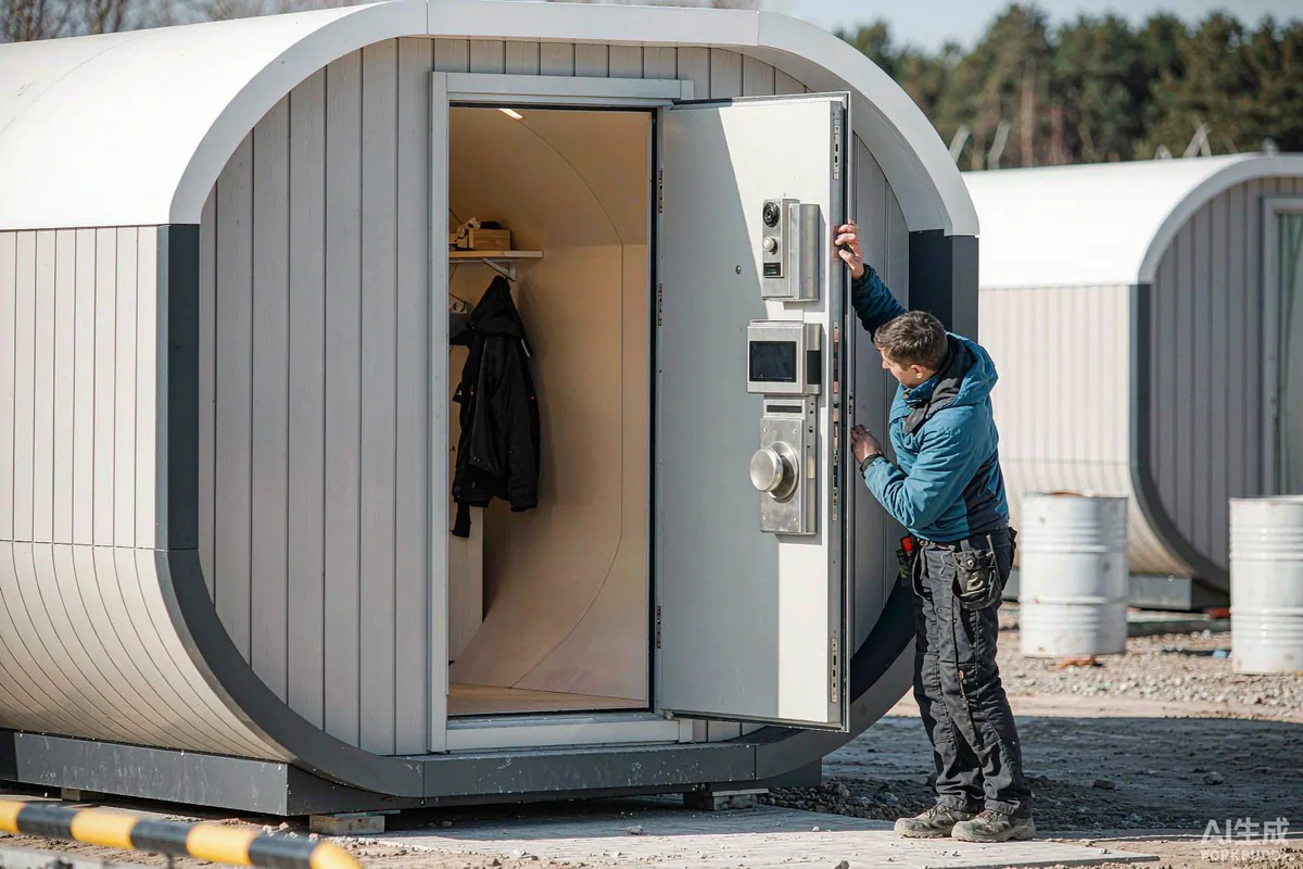 Technician adjusting door hardware on a capsule home during a service visit