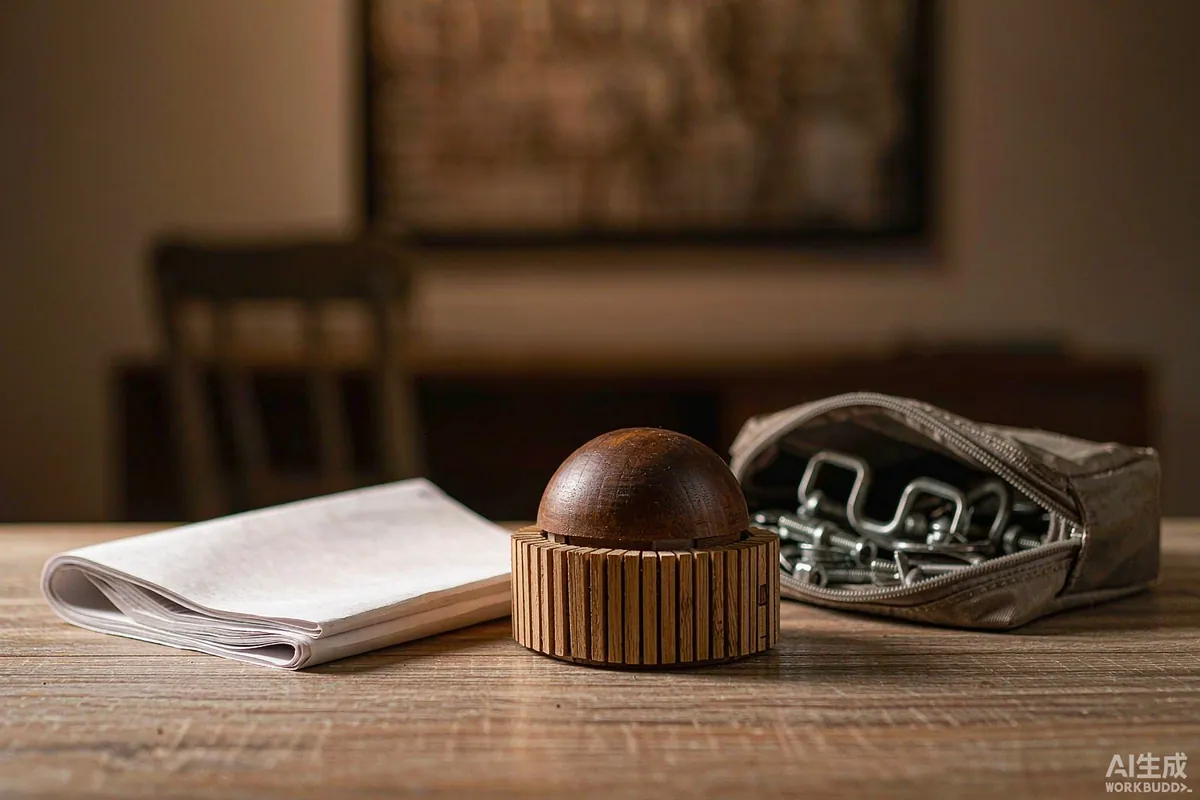 Folded document booklet, door keys and a small parts pouch beside a model capsule home