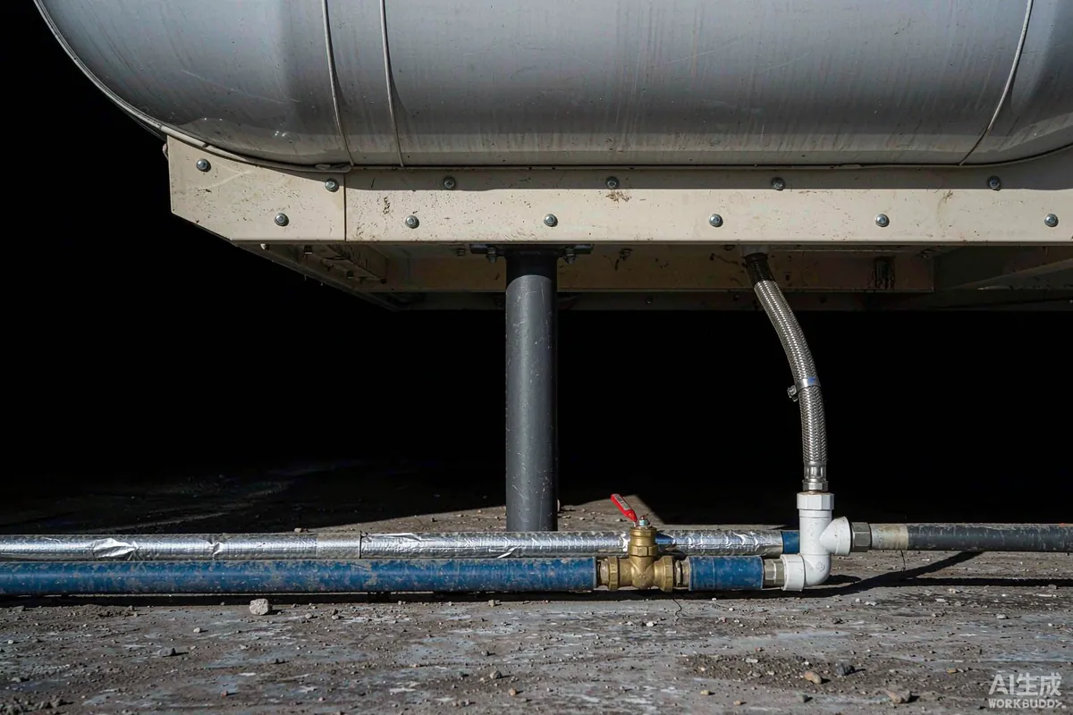 Underside utility connections of a capsule home with insulated water pipes and a stop valve