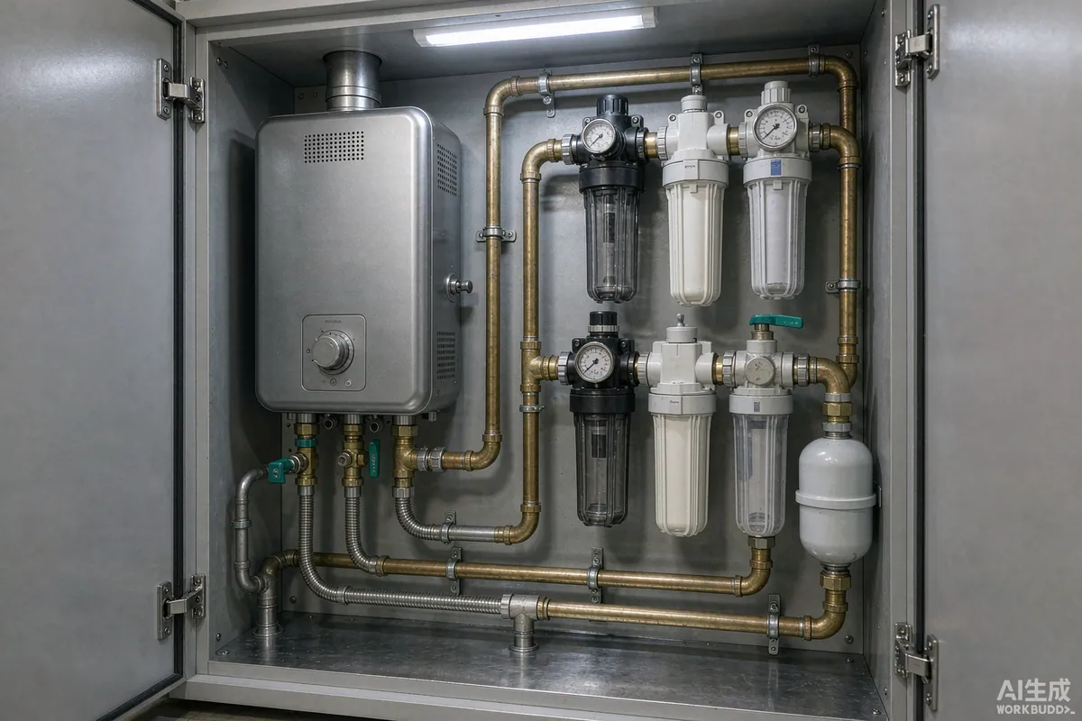 Compact water heater and filtration unit in a capsule home service cupboard