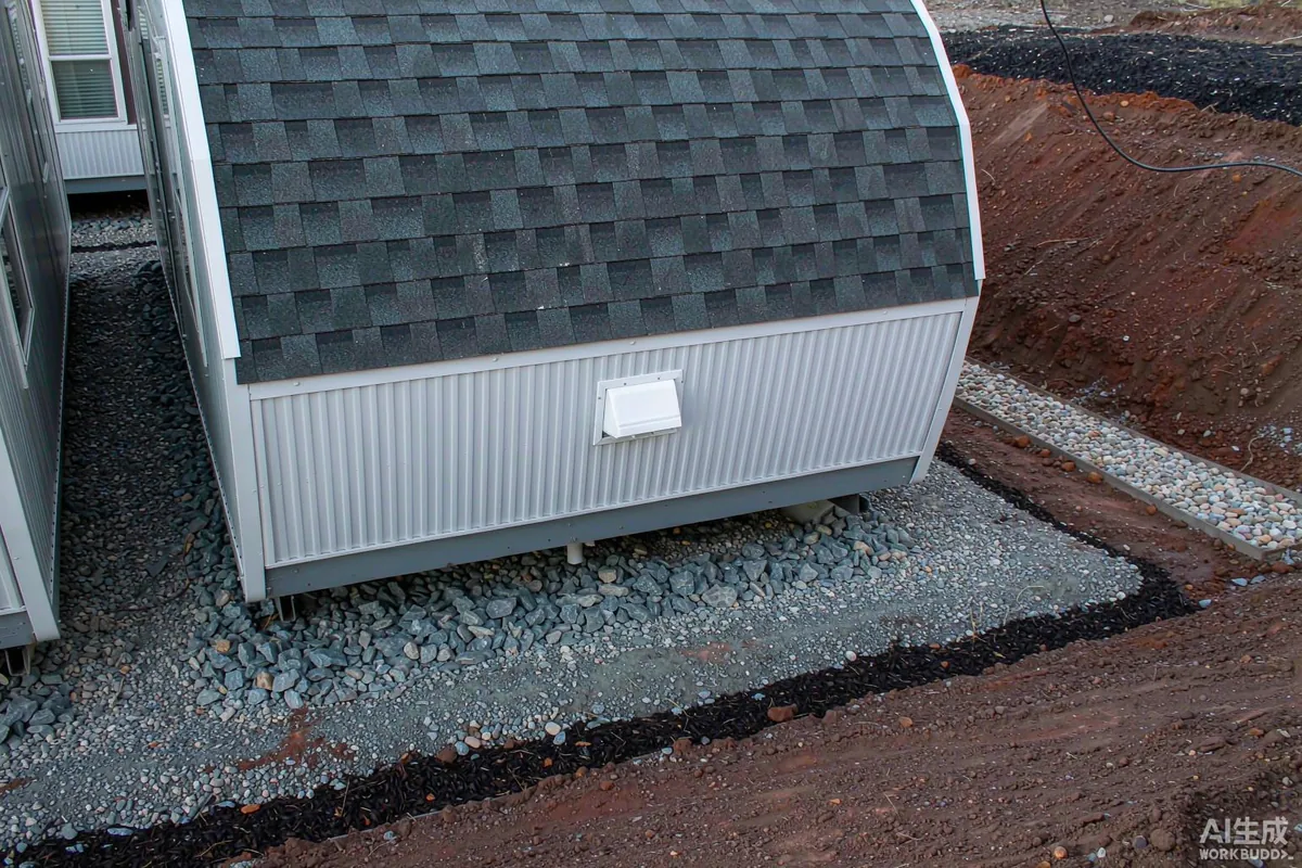 Greywater drainage connection at the base of a capsule home with a soakaway trench