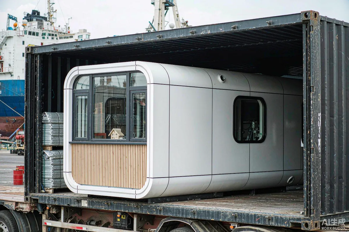 Open container with a space capsule home inside, loose packaged components visible in the interior before unloading