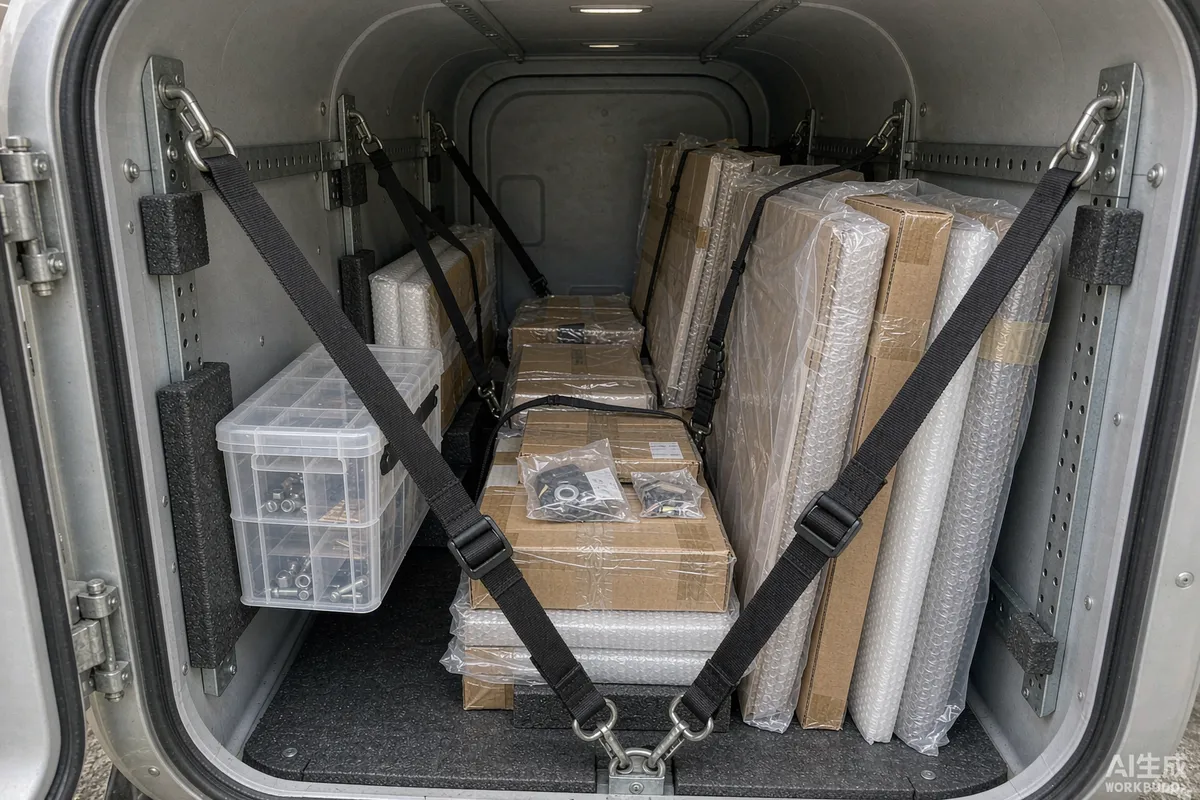 Packaged loose furniture components and a spare parts box secured inside a capsule home interior for transport