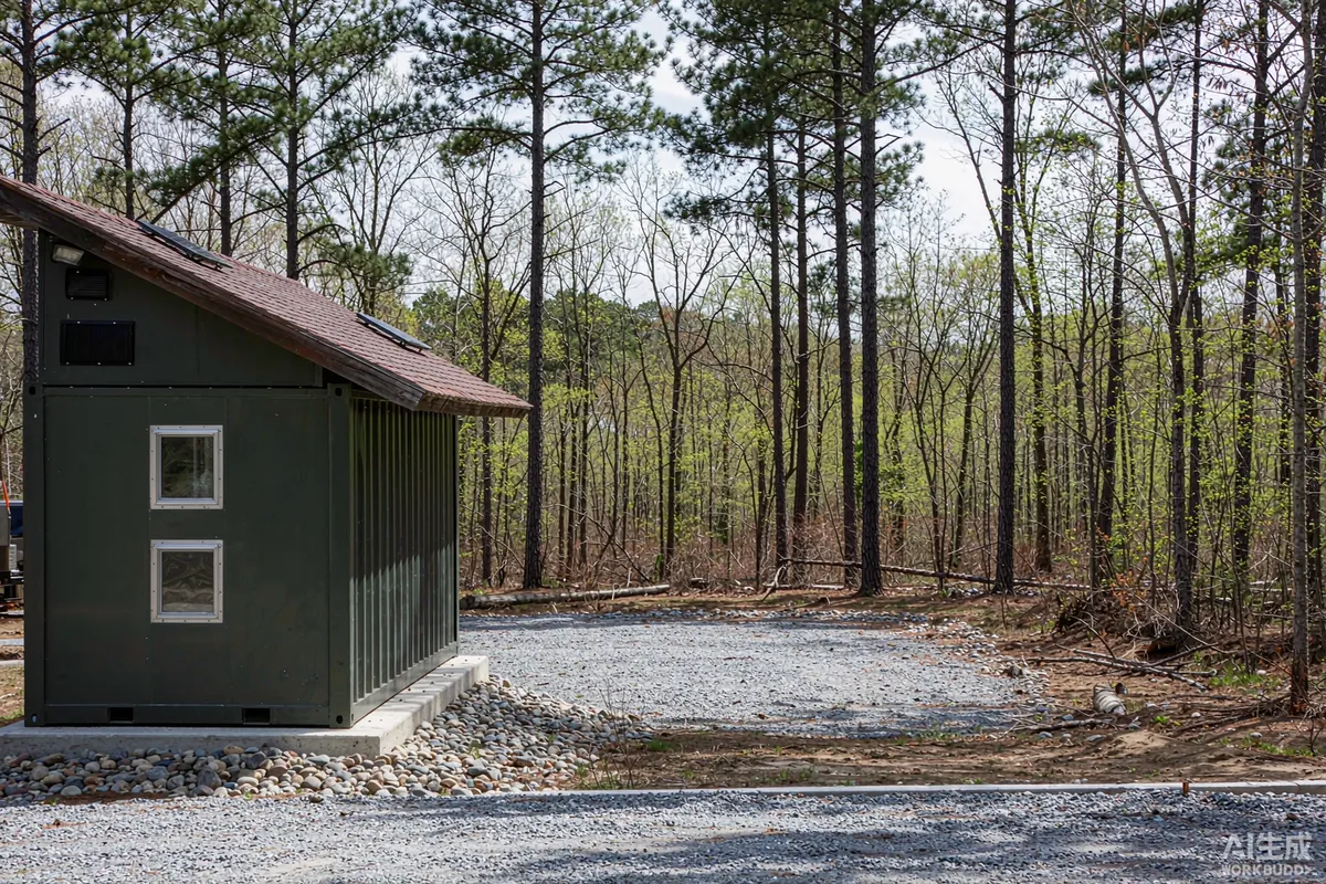 Prefab capsule home in a dry pine forest with cleared defensible space and gravel ground cover