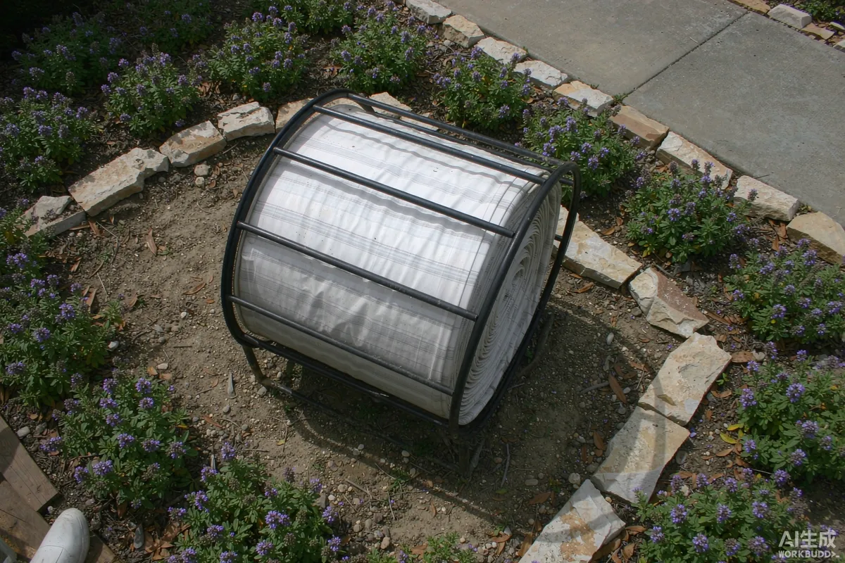 Cleared vegetation zone with a hose reel and stone border around a capsule home deck