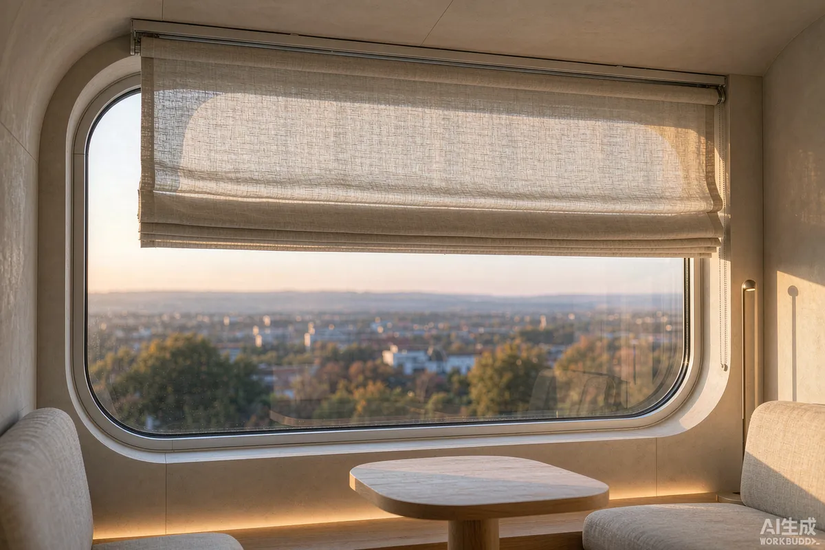 Capsule home panoramic window fitted with roller blinds partly lowered in warm daylight