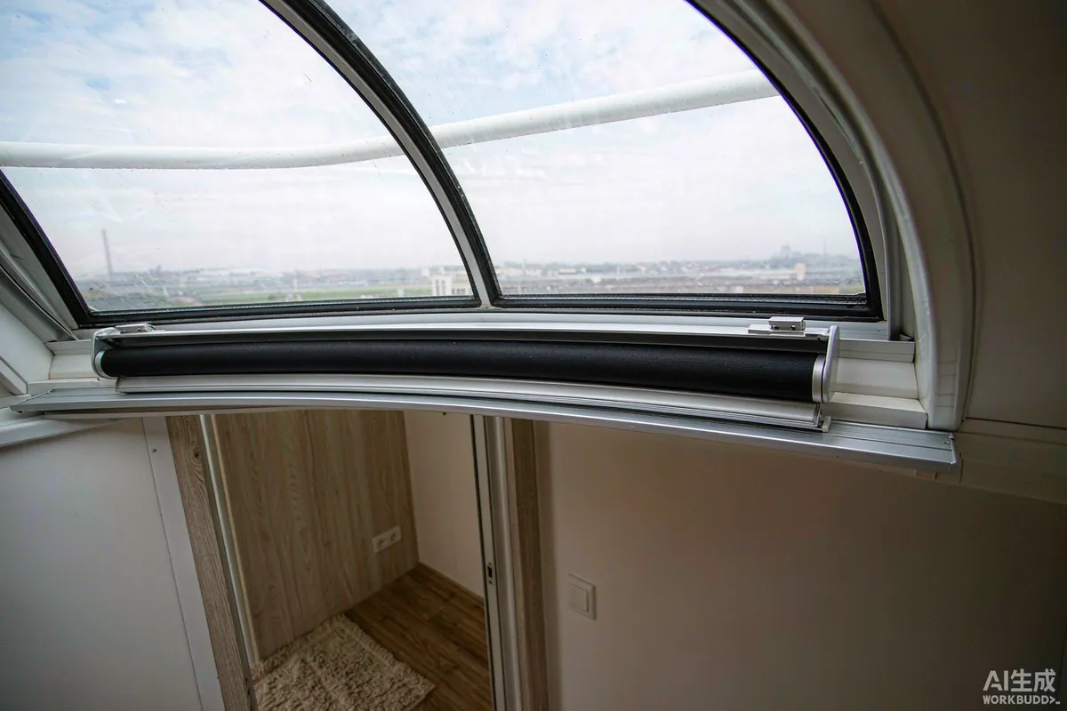Roller blind headrail and curtain track mounted at the top of a curved panoramic window