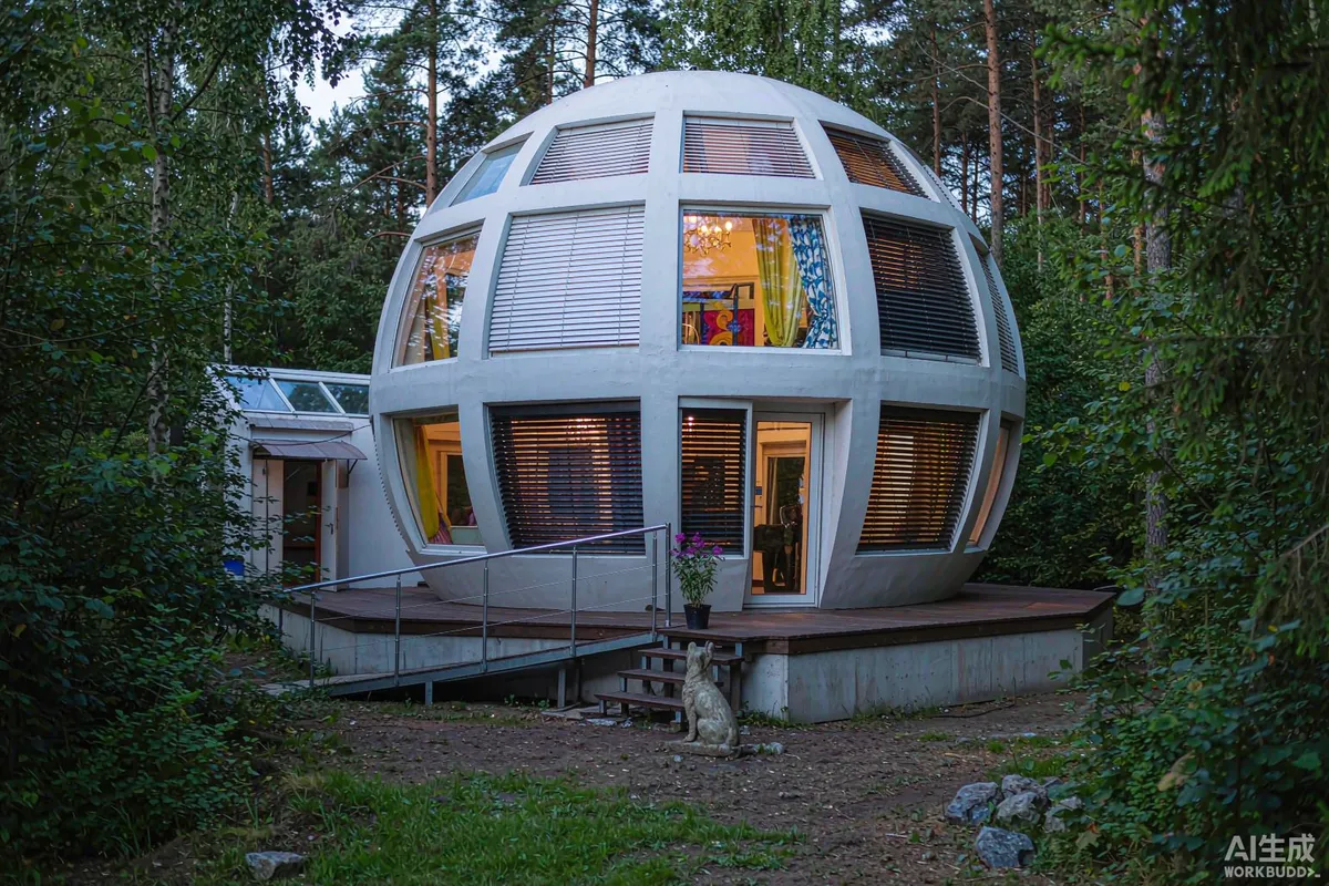 Capsule home at blue hour with warm interior lights and blinds closed for privacy